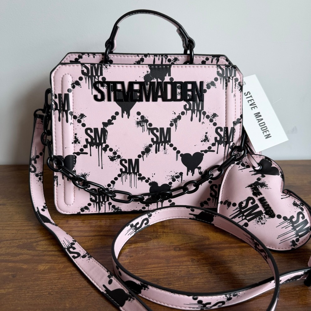 New Steve Madden Bloody Hearts Bevelyn Crossbody Satchel Pink Black Halloween